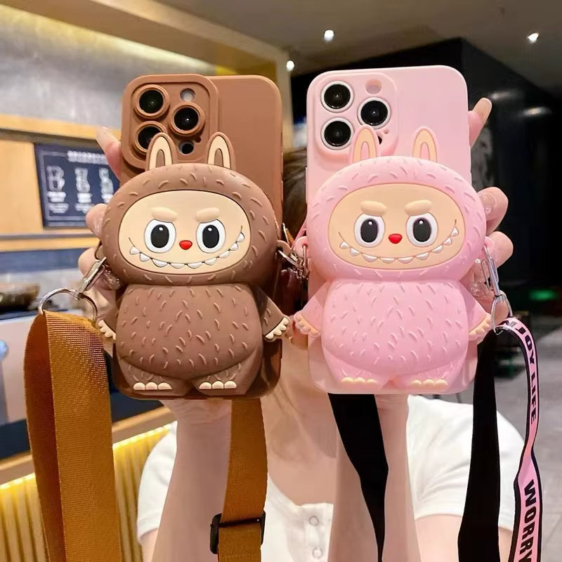 3D Labubu Zipper Silicone Wallet Phone Case for Iphone 16 15 plus 14 13 12 Mini 11 Pro Max with Lanyard Strap Cartoon Cover