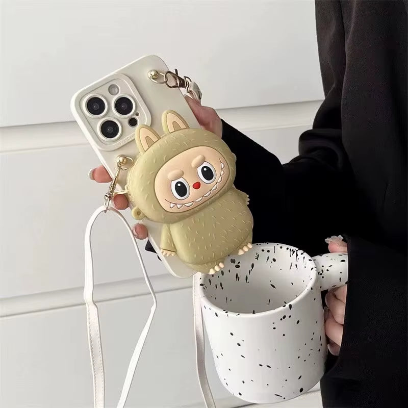 3D Labubu Zipper Silicone Wallet Phone Case for Iphone 16 15 plus 14 13 12 Mini 11 Pro Max with Lanyard Strap Cartoon Cover