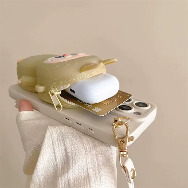 3D Labubu Zipper Silicone Wallet Phone Case for Iphone 16 15 plus 14 13 12 Mini 11 Pro Max with Lanyard Strap Cartoon Cover