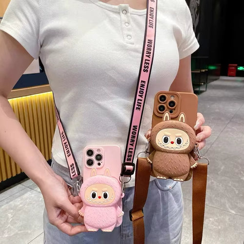 3D Labubu Zipper Silicone Wallet Phone Case for Iphone 16 15 plus 14 13 12 Mini 11 Pro Max with Lanyard Strap Cartoon Cover