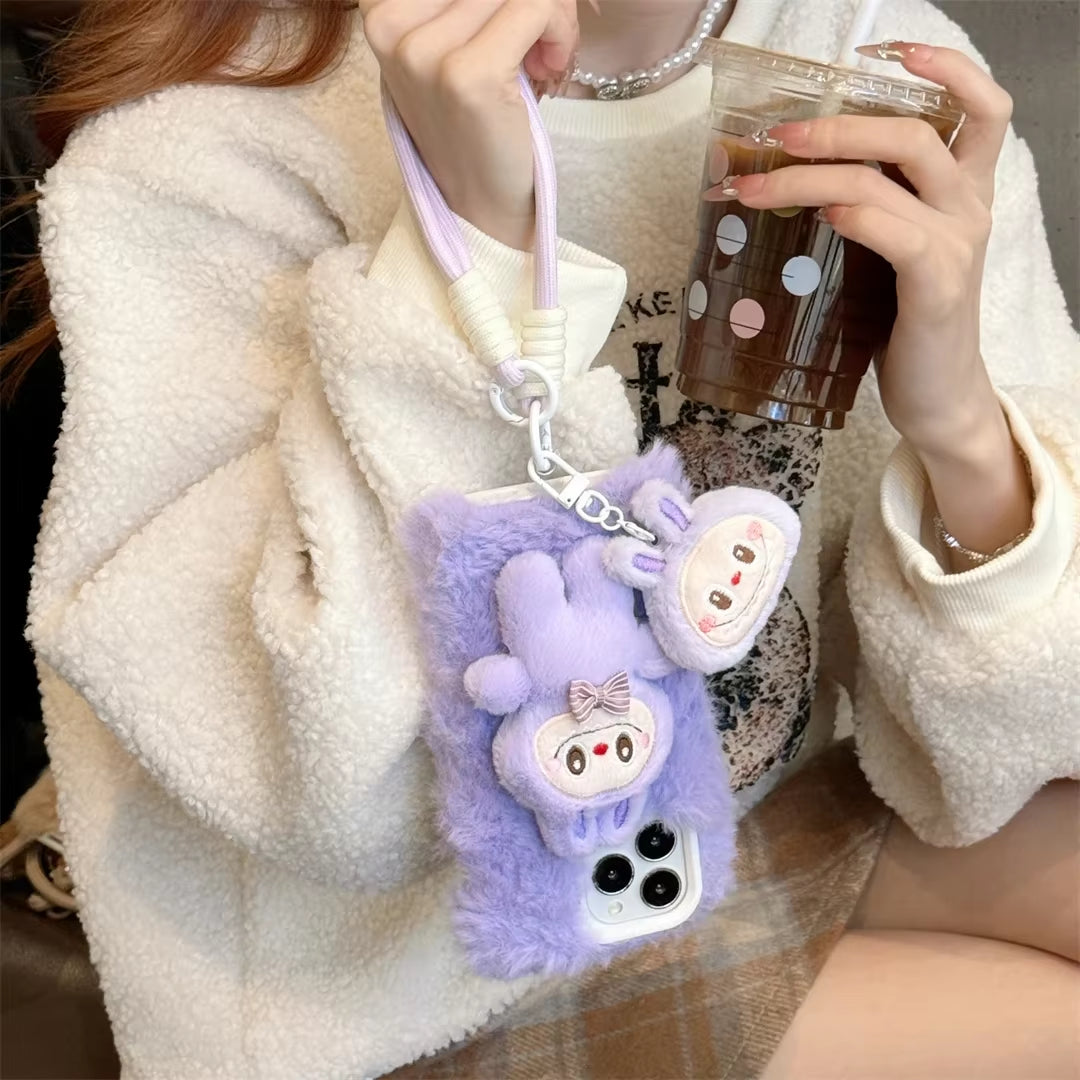 Cartoon Plush Little Monsters Labubu with Lanyard Phone Case for Iphone 16 15 14 13 12 11 Pro Max Anti-Drop Back Cover Funda