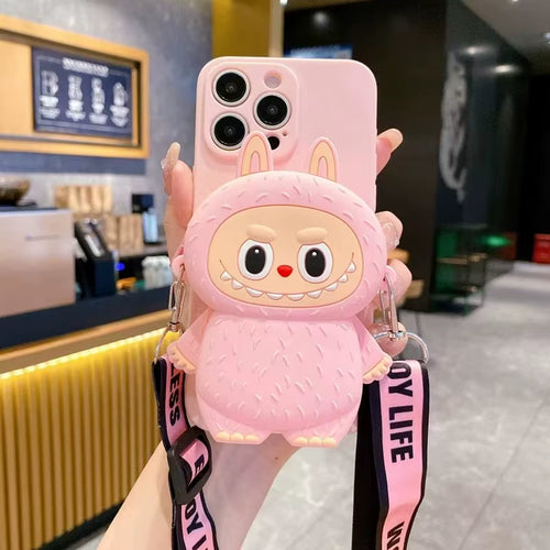 3D Labubu Zipper Silicone Wallet Phone Case for Iphone 16 15 plus 14 13 12 Mini 11 Pro Max with Lanyard Strap Cartoon Cover